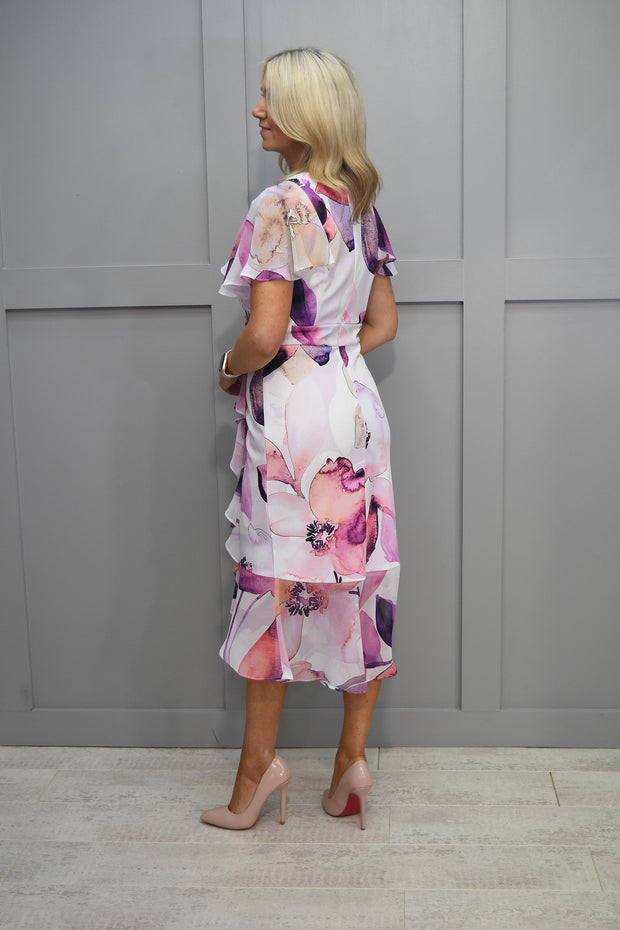 Joseph Ribkoff Pink & Lilac Floral Print Dress With Ruffle Detail- 241732