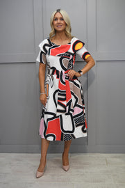 Coco Doll Black, Orange & Red Abstract Print Dress With Layered Neckline- Hasta 829