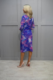 Via Veneto Royal Blue & Crimson Floral Print Dress With Buckle Detail- 619