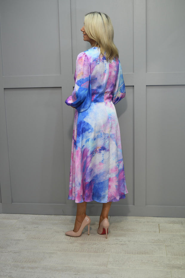 Lizabella Pink & Blue Abstract Print V Neck Dress With Pearl Waist Detail- L-24SS-2826-44