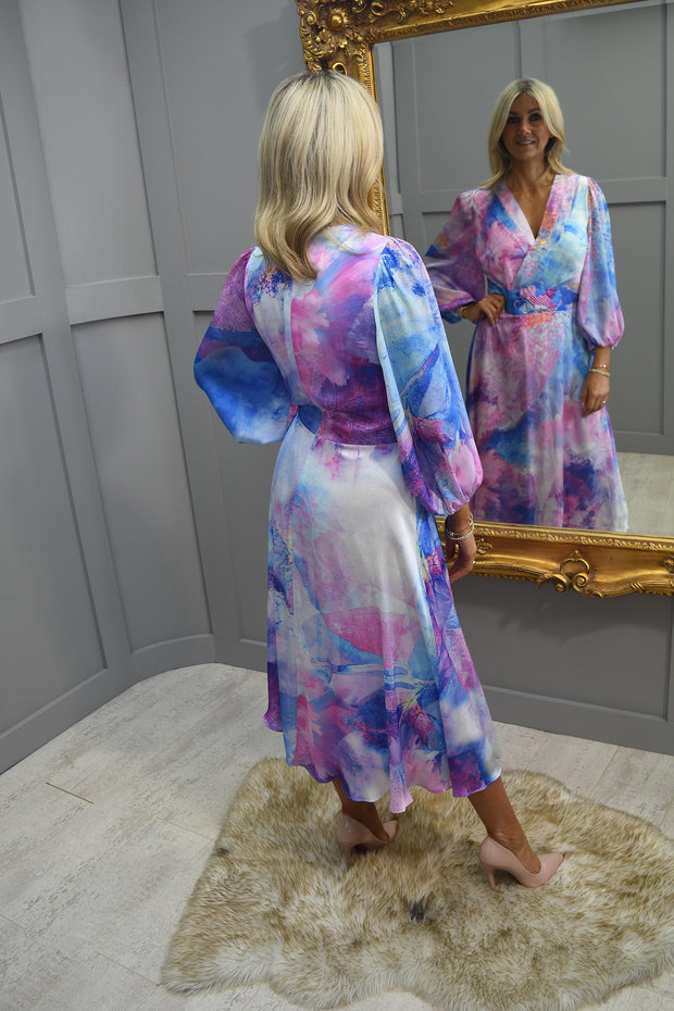 Lizabella Pink & Blue Abstract Print V Neck Dress With Pearl Waist Detail- L-24SS-2826-44