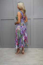 Carla Ruiz Floral Pleat Dress With Cross Strap & Lilac Shawl-50407
