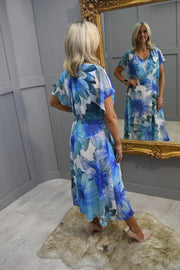 Lizabella Aqua & Blue Floral Print Dress With Pearl Waist Detail- L-24SS-2865-36