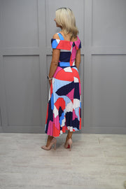 Coco Doll Pink , Blue & Red Abstract Print Dress With Plisse Skirt & Cold Shoulder Detail- Coreg 803
