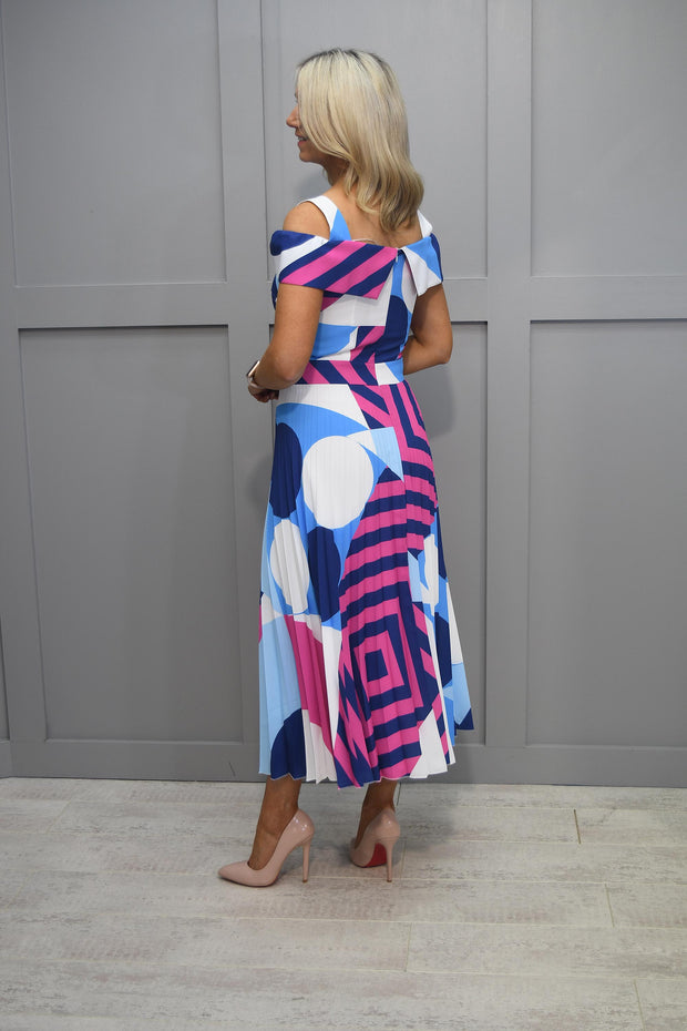 Coco Doll Blue & Pink Abstract Print Dress With Plisse Skirt & Cold Shoulder Detail- Coreg 801
