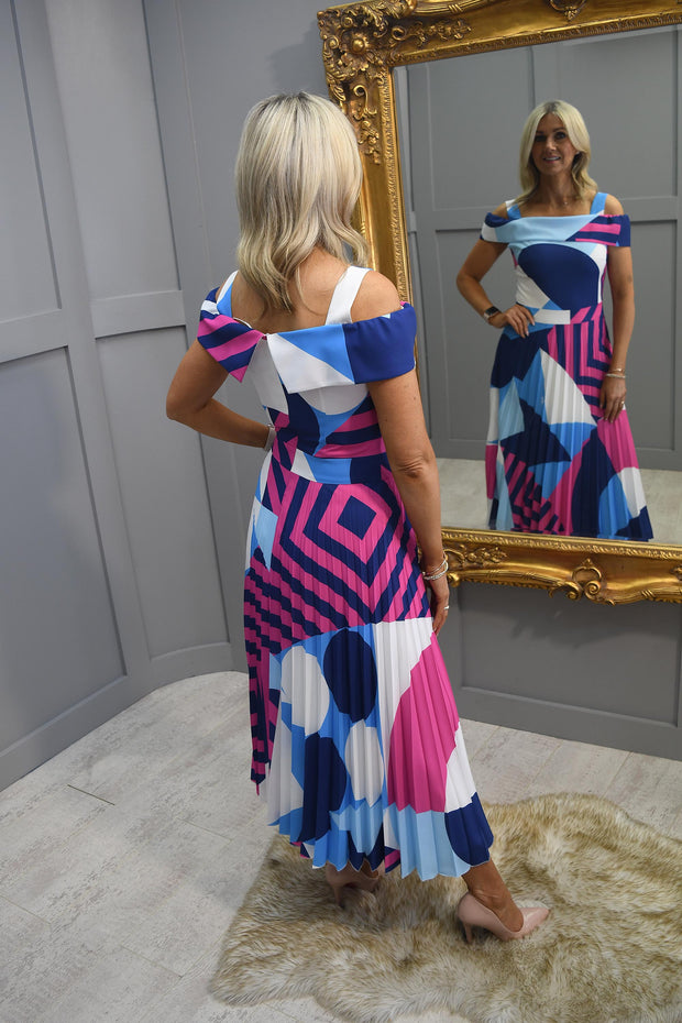 Coco Doll Blue & Pink Abstract Print Dress With Plisse Skirt & Cold Shoulder Detail- Coreg 801