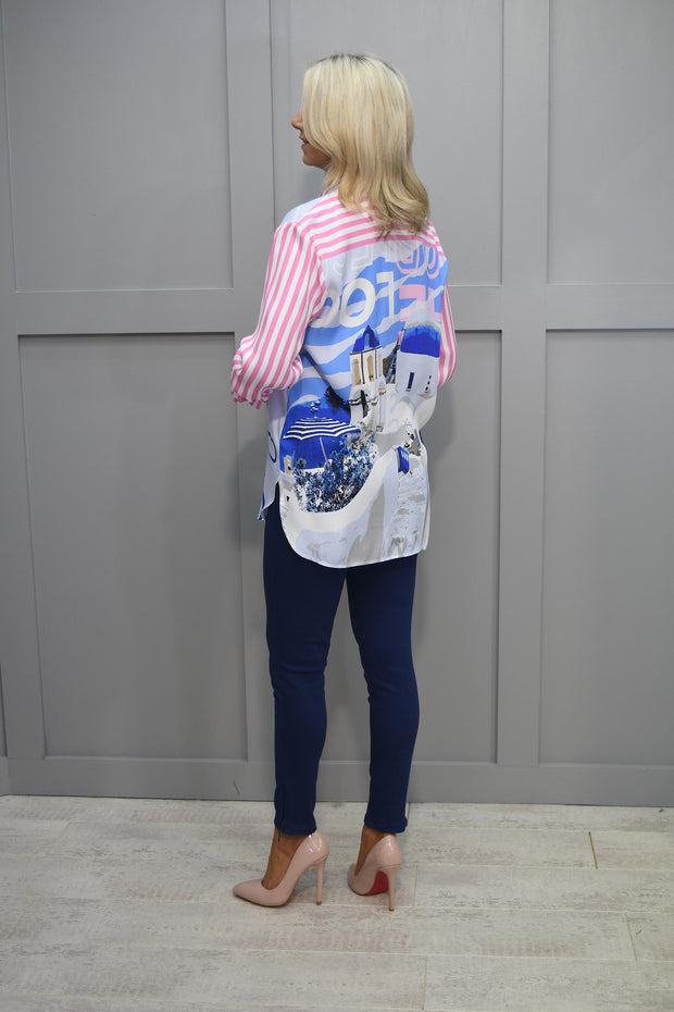 Just White Pink & Blue Shirt With Santorini Graphic-J4233/425