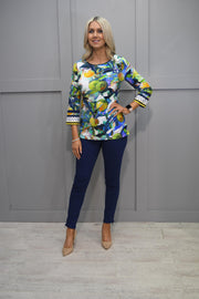 Dolcezza Abstract Print Long Sleeve Top With Clear Diamante Detail-24641