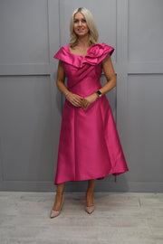 Cassandra Magenta Dress With Layered Neck & Rose Shoulder Brooch Detail- Aya 925