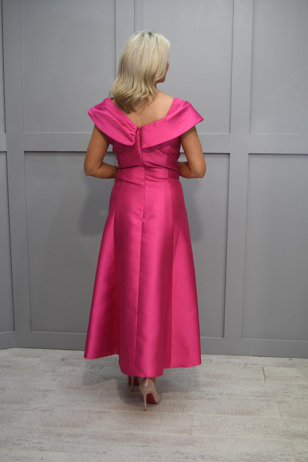 Cassandra Magenta Dress With Layered Neck & Rose Shoulder Brooch Detail- Aya 925