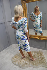 Irresistible Blue Floral Ruched Fitted Dress With 3/4 Length Sleeve-IRIS880S24