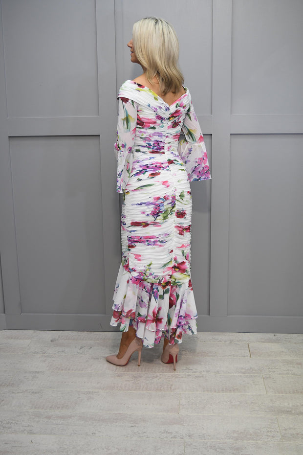 Irresistible Pink Floral Ruched Fitted Dress With 3/4 Length Bell Sleeve-IRIS898S24