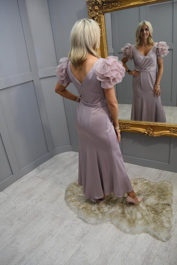 Couture Club Taupe V Neck Dress With Tulle Sleeve -8G1227CPS00425