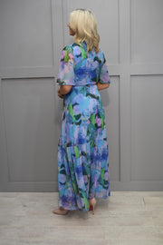 Hope & Ivy Blue Flutter Sleeve Maxi Wrap Dress With Tie Waist- 6550 Everleigh
