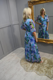 Hope & Ivy Blue Flutter Sleeve Maxi Wrap Dress With Tie Waist- 6550 Everleigh