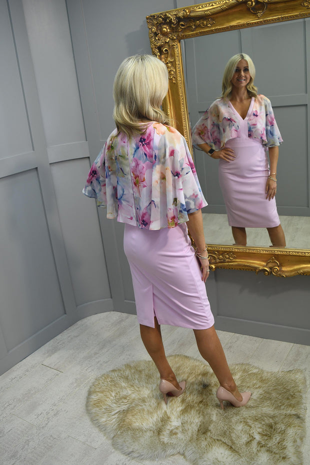 Tia Baby Pink V Neck Dress With Floral Cape Overlay-78321 7813 51