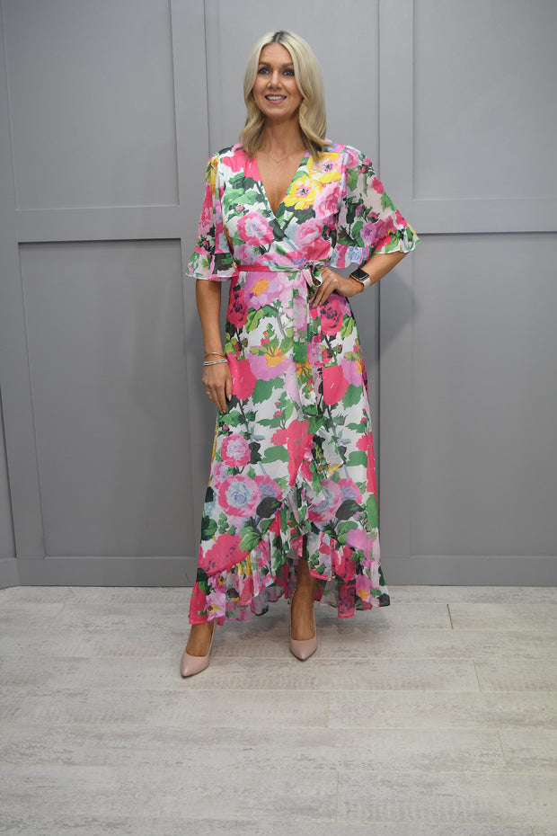 Hope & Ivy Floral Print Frill Sleeve Maxi Wrap Dress with Tie Waist - 7142 Cindy