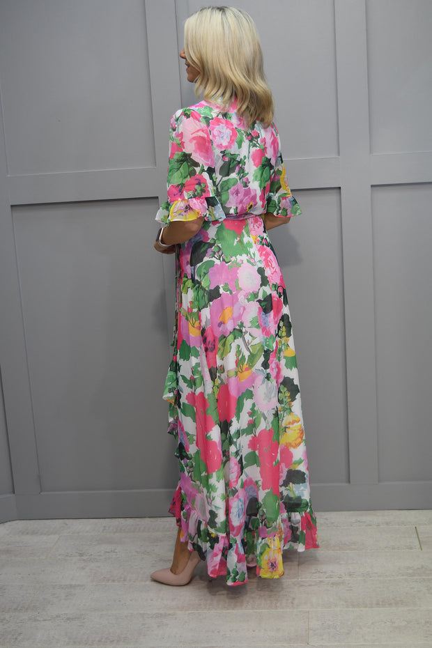 Hope & Ivy Floral Print Frill Sleeve Maxi Wrap Dress with Tie Waist - 7142 Cindy