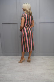 K.Design Forest Green & Pink Stripe Shirt Dress With Tie Waist- Y110