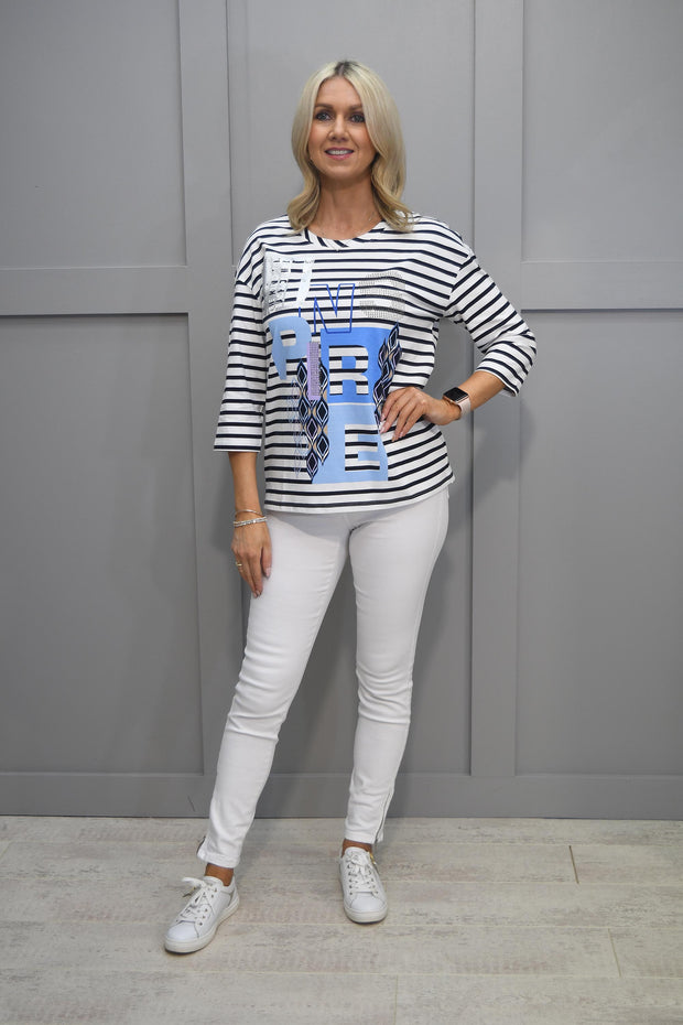 Betty Barclay Navy & White Stripe Top With Blue Graphic Print -2025/1999