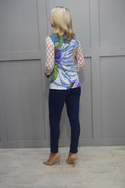 Libra Blue, Green & Purple Abstract Print Top With White Mesh Spot Sleeves-LT1801