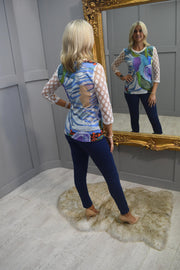 Libra Blue, Green & Purple Abstract Print Top With White Mesh Spot Sleeves-LT1801