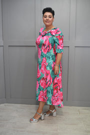 Cassandra Pink & Green Abstract Print Dipped Hem Dress With Bow & Brooch Detail- Martha B 924