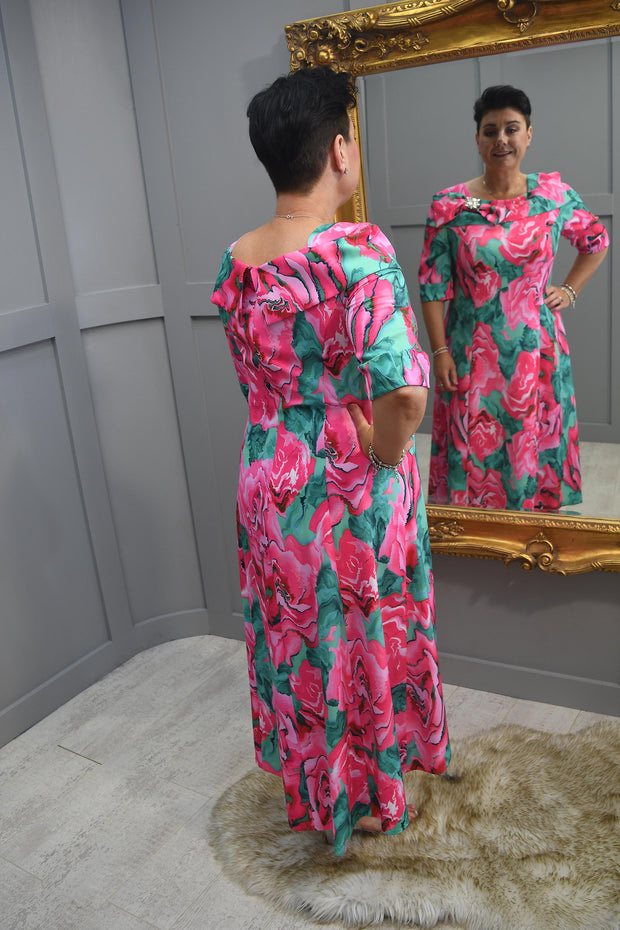 Cassandra Pink & Green Abstract Print Dipped Hem Dress With Bow & Brooch Detail- Martha B 924