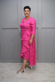 Cassandra Cerise Floral Dress With Side Ruffle & Brooch Detail- Cal 930