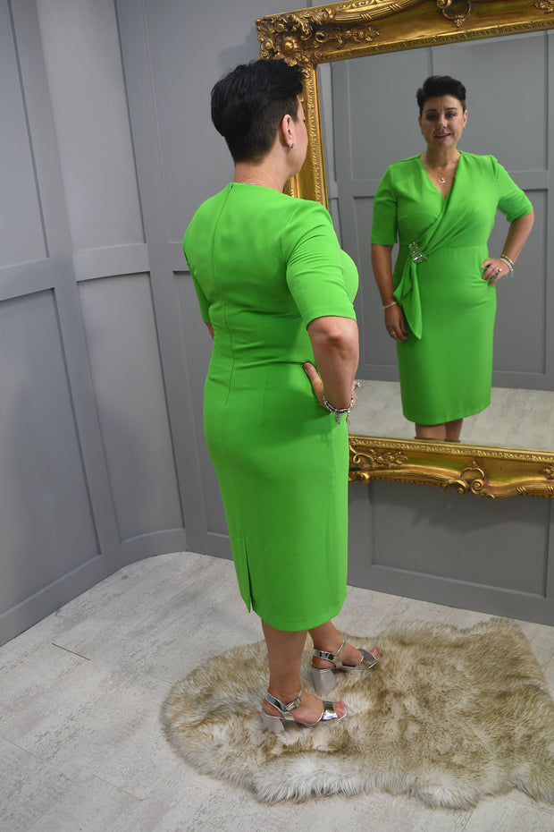 Via Veneto Lime Green V Neck Dress With Drape Side Detail- Sonia 621