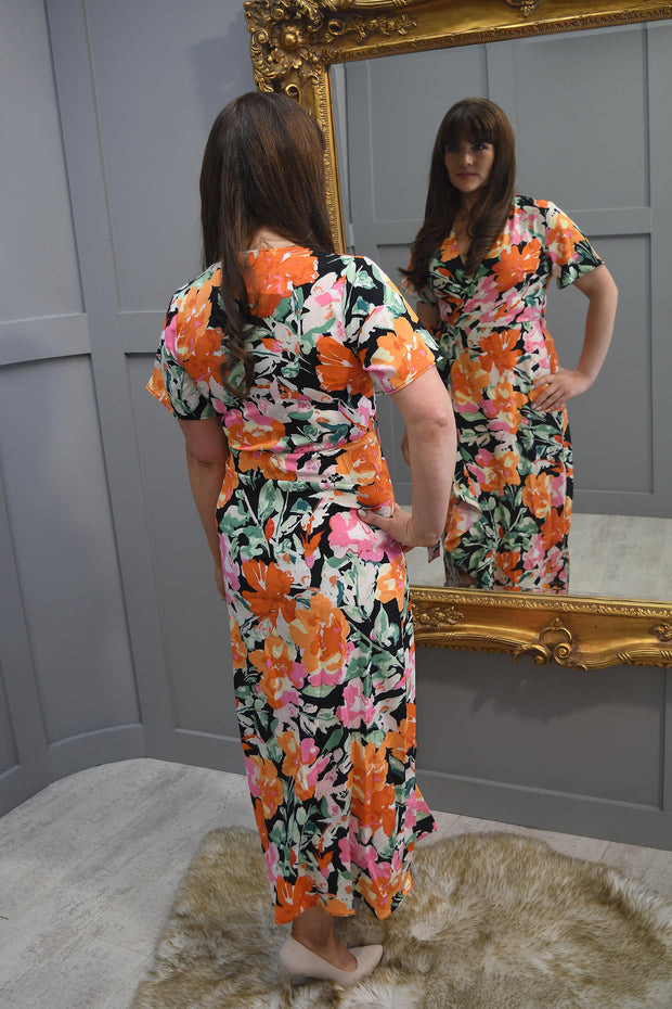 Girl In Mind Orange Floral Maxi Dress With Split & Hem Frill Detail - Farrah