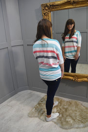 Marble Aqua, White & Coral Stripe Sweater - 7462 151