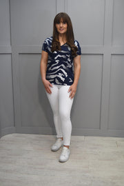 Marble Navy V Neck Top With Silver Print- 7371 103