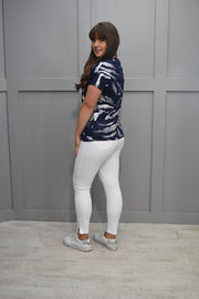 Marble Navy V Neck Top With Silver Print- 7371 103