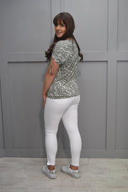 Marble Khaki & White Top With Adjustable Ruched Sleeve- 7423 123