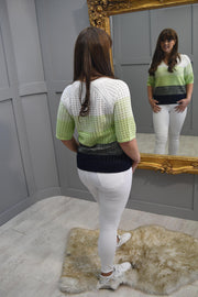 Marble Lime Green, White & Navy Crochet Knit V Neck Sweater- 7443 216