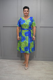 Coco Doll Royal Blue & Lime Green Floral Print Dress With Tie Belt-Judy 3 808