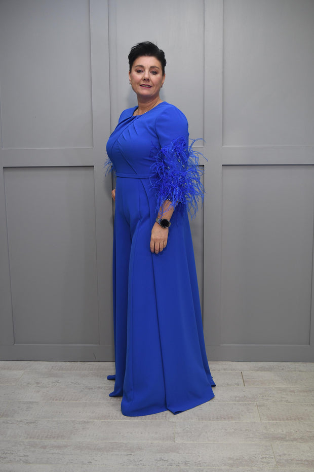 Couture Club Cobalt Blue Jumpsuit With Feather Boa Sleeve & Cape Detail- 8G145TRI0P51