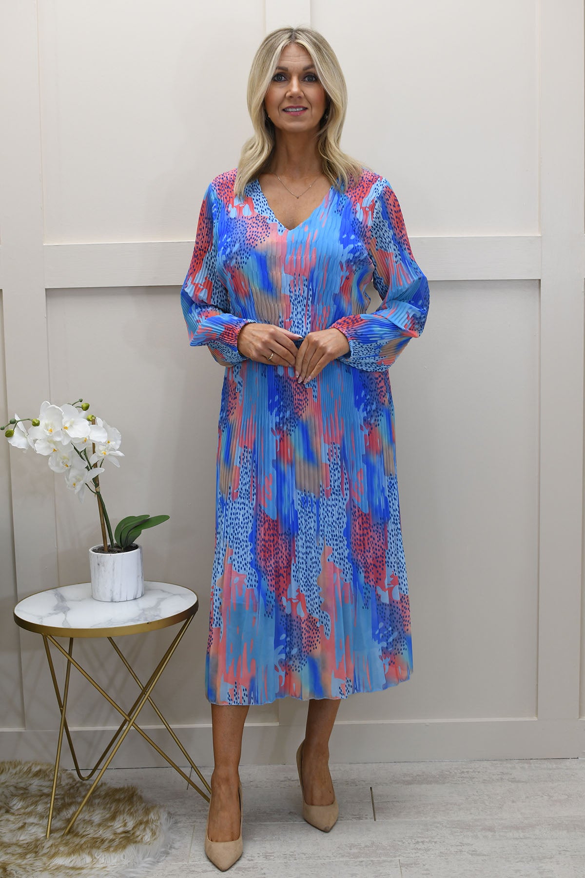 Kyla Blue & Coral Abstract Print Plisse Dress