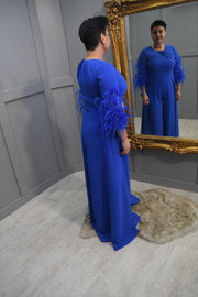 Couture Club Cobalt Blue Jumpsuit With Feather Boa Sleeve & Cape Detail- 8G145TRI0P51