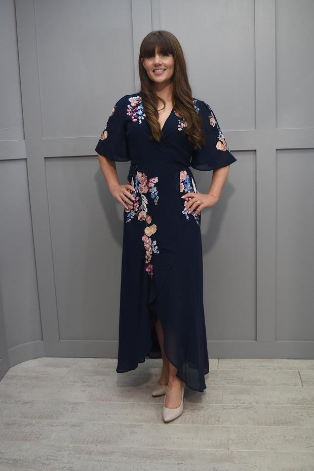 Hope & Ivy Navy Embroidered Flutter Sleeve Maxi Wrap Dress with Tie Waist - 7327 Gisela