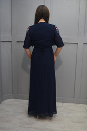 Hope & Ivy Navy Embroidered Flutter Sleeve Maxi Wrap Dress with Tie Waist - 7327 Gisela