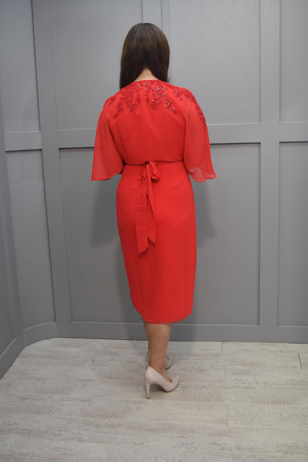 Hope & Ivy Red Embellished Drape Sleeve Midi Wrap Dress with Tie Waist - 7436 Jolie