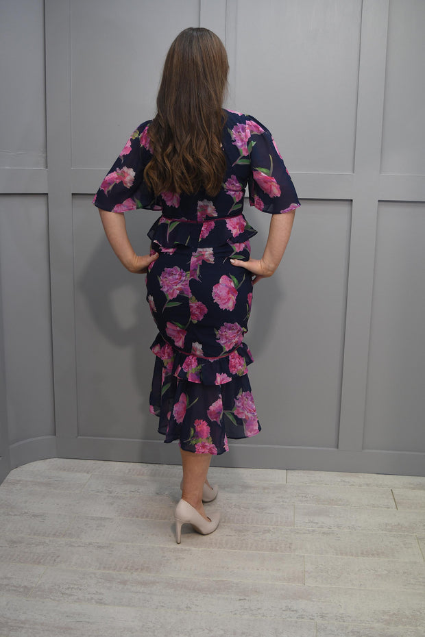 Hope & Ivy Navy V Neck Midi Tea Dress With Peplum Waist And Tiered Ruffle Skirt- 6720 Amore