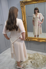Hope & Ivy Peach Embroidered Flutter Sleeve Midi Dress With Tie Waist- 7282 Lovisa