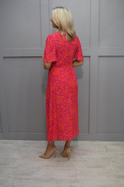 Pomodoro Pink & Orange Contrast Floral Tea Dress- 62403