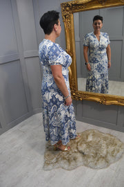 K.Design Cream & Denim Blue Paisley Print Maxi Dress - Y362