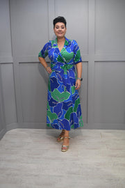 K.Design Royal Blue & Green Open Collar Dress With Leg Split  - Y358