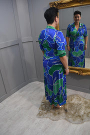 K.Design Royal Blue & Green Open Collar Dress With Leg Split  - Y358