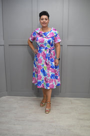 Coco Doll Pink, Blue & Green Floral Print Dress With Layered Neckline- 828 Hasta